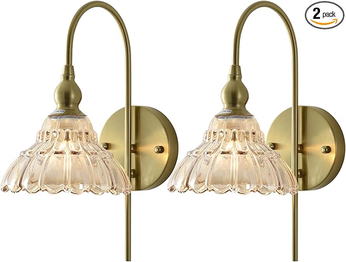 Vintage Wall Sconces with Amber Flower Glass Lampshade, Indoor Bath-Room Wall Sconce, Modern Gold Industrial Lighting Fixture for Mirror Living Room Hallway 2 Pack - Bloomnest