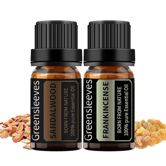GREENSLEEVES Sandalwood Frankincense Essential Oil Set, 2 x 10ml Pure Plant-Based Fragrance Oil for Aromatherapy, Essential Oils for Diffuser, Massage, Bath Bomb, Scented Candle Soap Making GREENSLEEVES