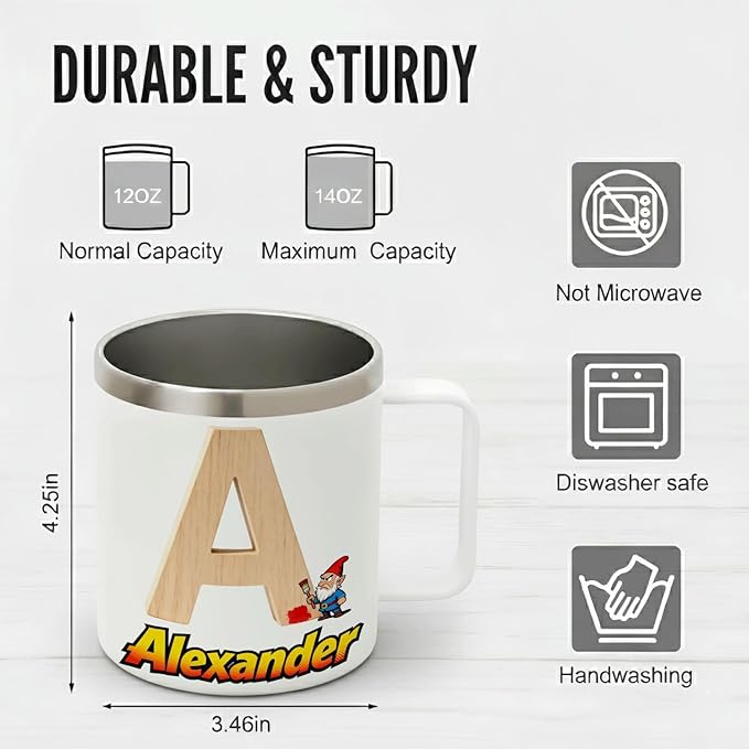 Personalized Gnome Mug with Name and Initial - Funny 12oz Insulated Stainless Steel Coffee Cup Tumbler with Handle & Lid - Custom Gifts for Boys, Kids - Wood Texture Monogram (B152) - Bloomnest