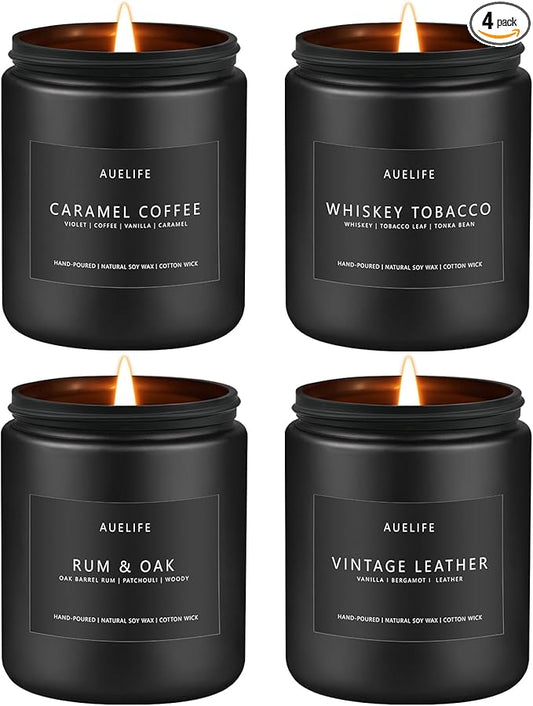 Scented Candles Set | Gifts for Men - 4Pack Candle Masculine Candle, Soy Candles for Home Scented, Aromatherapy Gifts Scents of Caramel Coffee/Whiskey Tobacco/Rum & Oak/Vintage Leather - Bloomnest