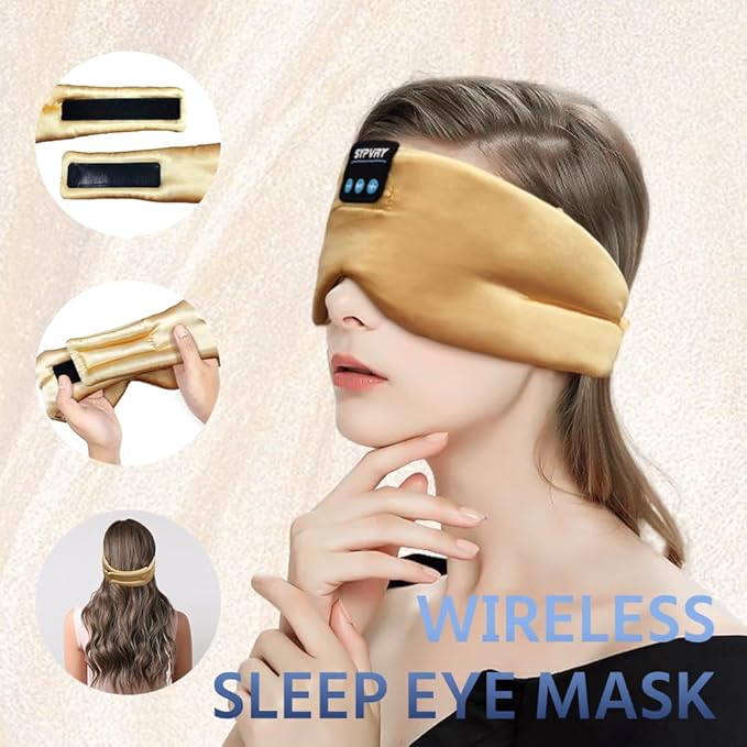 Sleep Mask Bluetooth 5.4 Headphones Soft Wireless Headband Eye Mask Blackout with Microphone (Gold) - Bloomnest