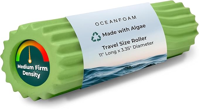 Oceanfoam Ripple Travel Foam Roller (11" x 3.35") Firm Mini Foam Roller for Physical Therapy, Deep Tissue Massage, Back Pain - High Density, Ergonomic Wave Textured - Yoga, Exercise (Algae Green)