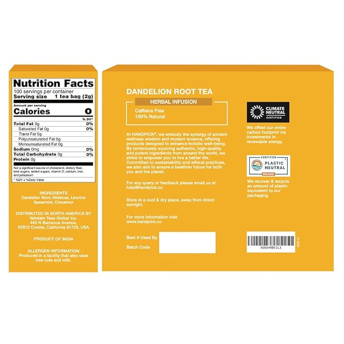 HANDPICK - Dandelion Root Tea bags, 100 Teabags - Natural Dandelion Herbal Tea for Liver & Kidney Health - Non-GMO - Caffeine-free - Support Digestion & Boost Immune System - Bloomnest