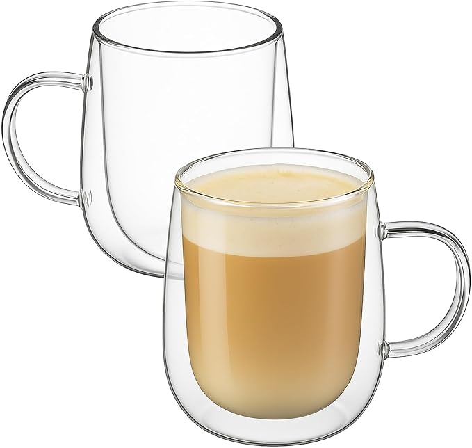 Glass Coffee Cups Set of 2, 13oz Double Walled Glass Mugs with Handles, Clear Insulated Coffee Mug Espresso Cups, Cappuccino Latte Tea Cups Set, Heat Resistant Borosilicate Clear Glasses - Bloomnest
