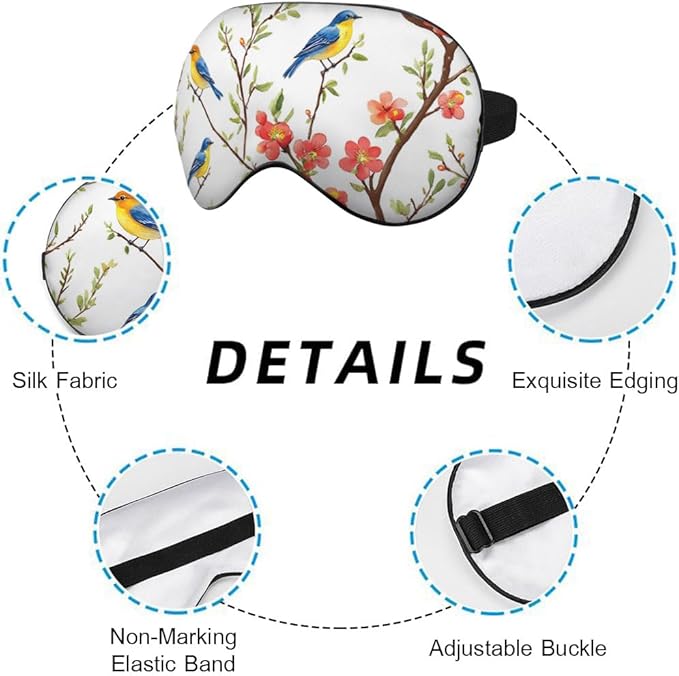 Cute Blue Birds Sleep Eye Mask Eye Cover Tree Branch Green Leaves Red Flower Silk Eye Mask for Sleeping with Adjustable Strap for Travel Nap Shift Work Office - Bloomnest