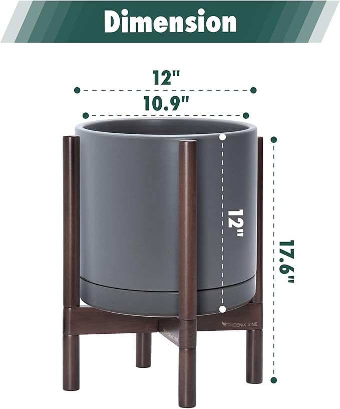 D'vine Dev Ceramic Planter with Walnut Color Stand - 12 Inch Modern Round Flower Pot with Wood Planter Holder, Grey, 55-B-W-3 - Bloomnest