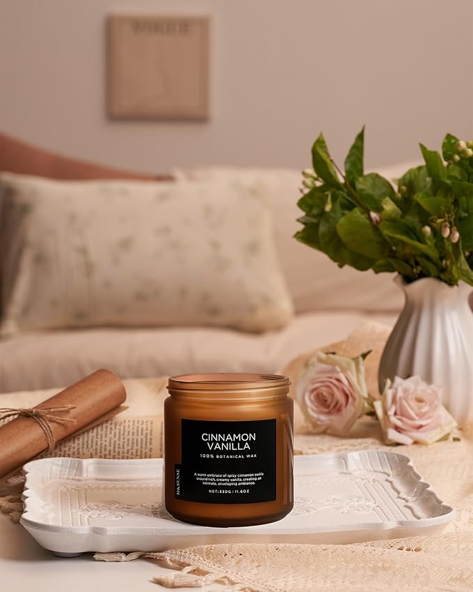 M&SENSE Cinnamon Vanilla Fall Scented Candles for Home, Natural Soy Wax 11.6oz 70 Hours Large Long Lasting Strong Scented Classic 2 Wicks Jar Candle Gift for Housewarming - Bloomnest