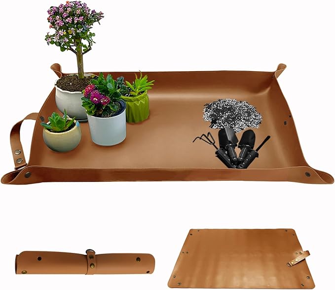 Plant Repotting Mat,Waterproof Leather Plant Transplanting Mats,Indoor Succulent Potting Mat for Change Soil and Watering,Portable Gardening Mats for Transplant and Mess Control (30" X 18",Brown) - Bloomnest