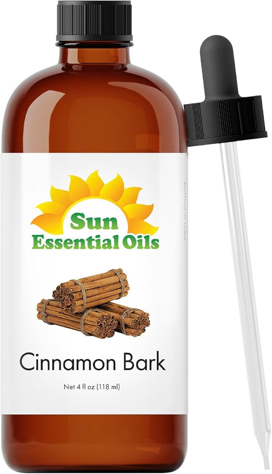 Sun Essential Oils - Cinnamon Bark Essential Oil (4 oz) with Dropper for Diffuser, Aromatherapy Massage, Skin & Hair, Fragrance for Candle, Soap & Lotion Making at Home SunEssentialOils