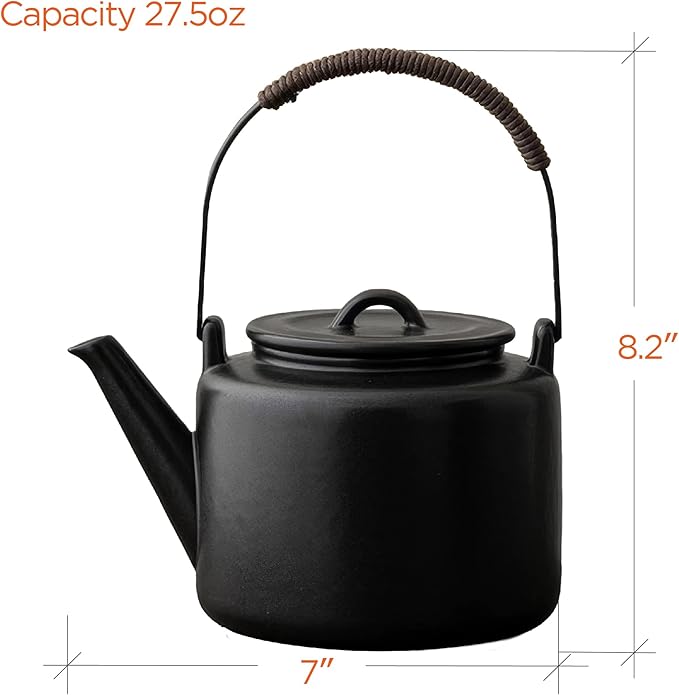 Small Stove Safe Ceramic Teapot with Cold Touch Curved Handle (27oz) - Hand-Glazed Finish - Suitable for Boiling Water and a Variety of Teas and Herbs - Matte Black - Bloomnest