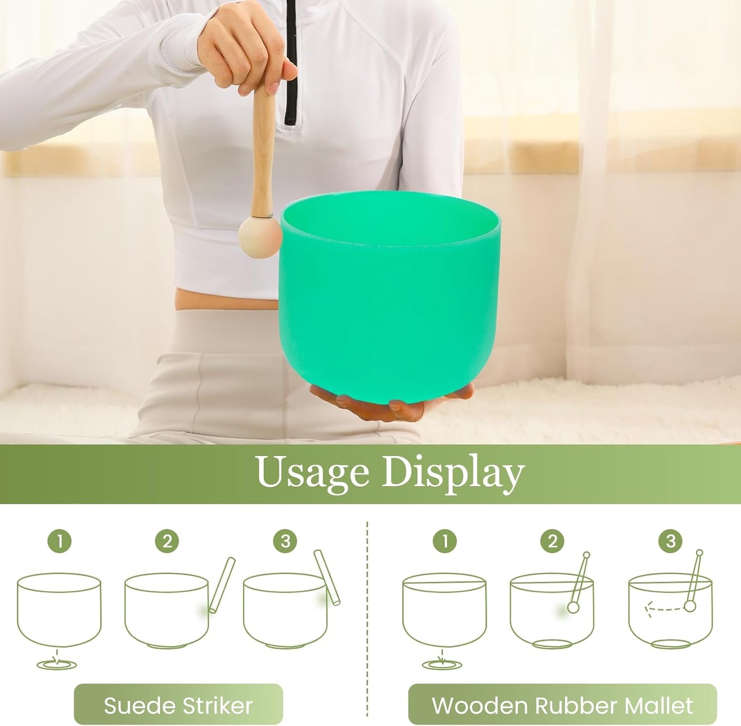 432HZ 8 Inchs F Note Green Frosted Crystal Singing Bowl for Meditation Healing Yoga Chakra Quartz Crystal Sound Bowls with Heavy Duty Carry Case and Rubber Mallet,Suede Striker,O-rings