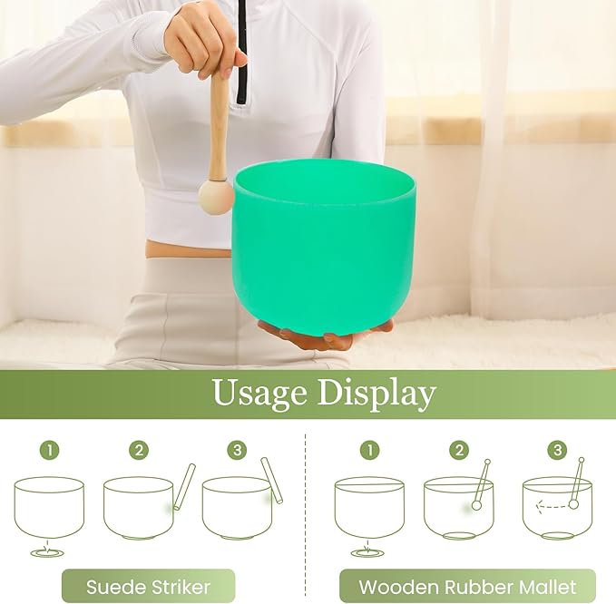 432HZ 8 Inchs F Note Green Frosted Crystal Singing Bowl for Meditation Healing Yoga Chakra Quartz Crystal Sound Bowls with Heavy Duty Carry Case and Rubber Mallet,Suede Striker,O-rings - Bloomnest