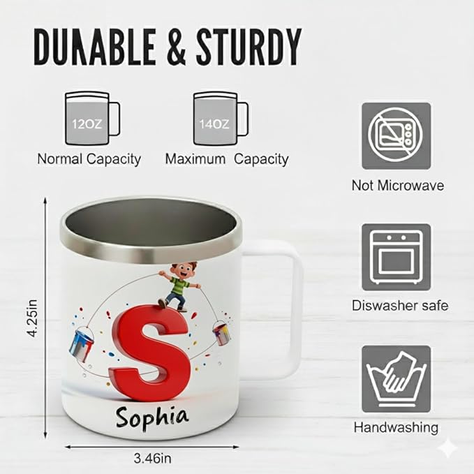 Personalized Kids Mug for Boys with Custom Name, Fun Paint Splash Initial Cup - 14oz Insulated Stainless Steel Tumbler with Handle & Lid, Creative Christmas Stocking Stuffer & Birthday Gift (B67) - Bloomnest
