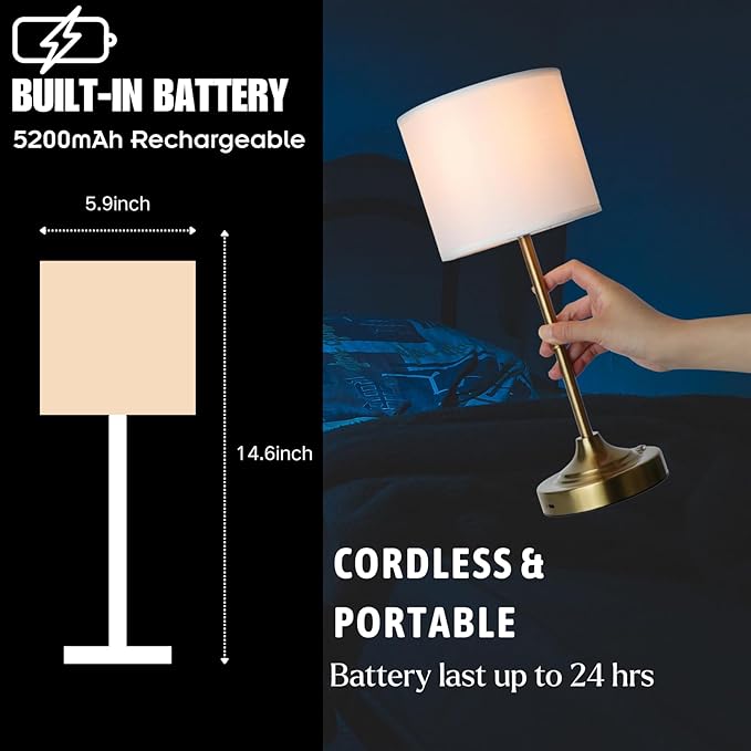 Portable Cordless Table Lamp,Built-in 5200mAH Rechargeable Battery, Dimmable Touch Wireless Light, Bed Side Metal Desk Lamp，Restaurant/Bedroom/Bar/Coffee/Night Light (Antique Brass) - Bloomnest