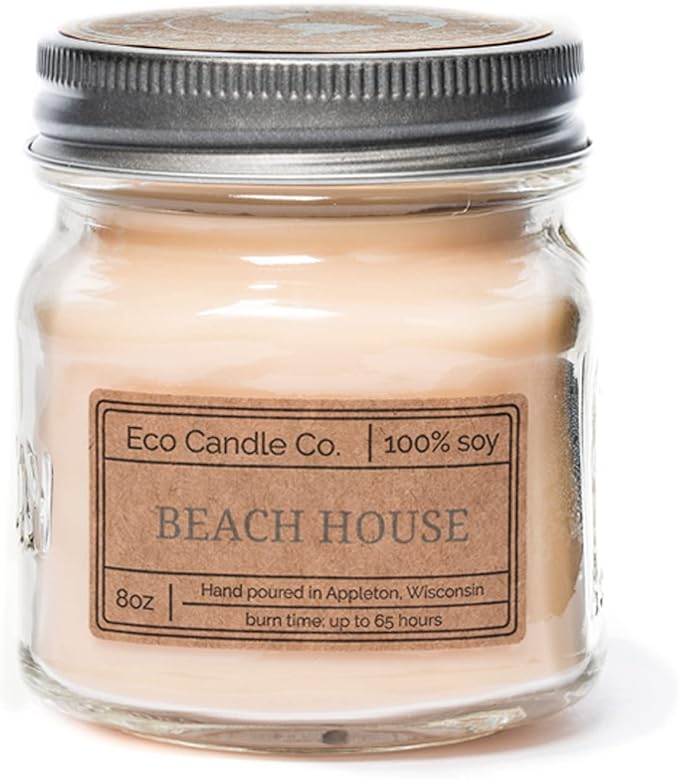 ECO CANDLE CO. Mason Jar Candle, Beach House, 8 oz. - Scents of Melons & Ocean Air - 100% Soy Wax, No Lead, Kraft Label & Antiqued Pewter Lid, Hand Poured, Made from Midwest Grown Soybeans - Bloomnest