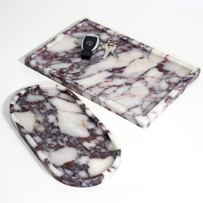 Real Luxurious Natural Marble Vanity Tray Genuine Marble Storage Tray for Home Decor Stone Tray for Bathroom/Kitchen/Vanity/Dresser Non-Resin/Non-Ceramic/Viola Oval Set - Bloomnest