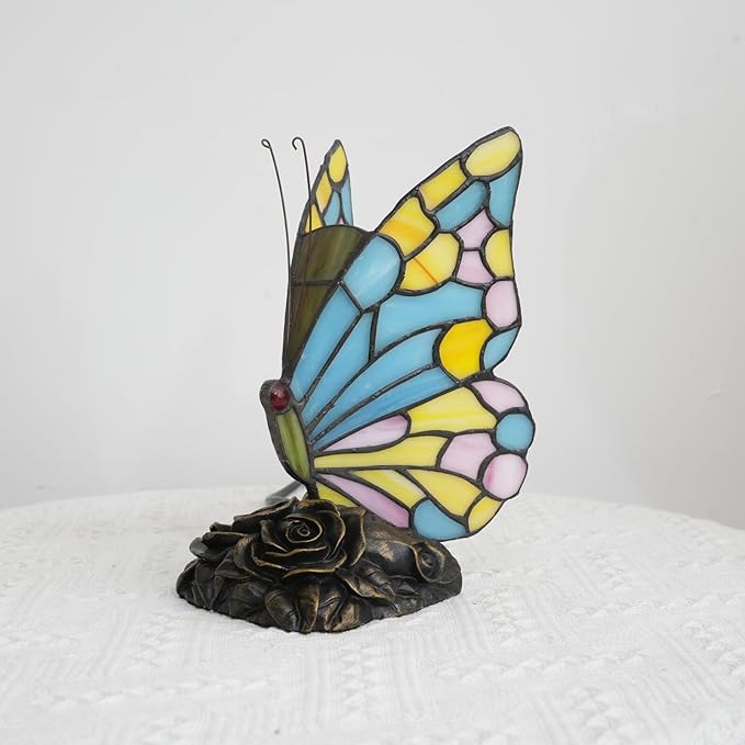 Small Tiffany Butterfly Table Lamp for Girls Bedroom Kids Bedside Desk Light Sky Blue Yellow and Pink Stained Glass Lamp Vintage Unique Style Decor Nightstand Accent Night Light Office Mothers Gifts - Bloomnest