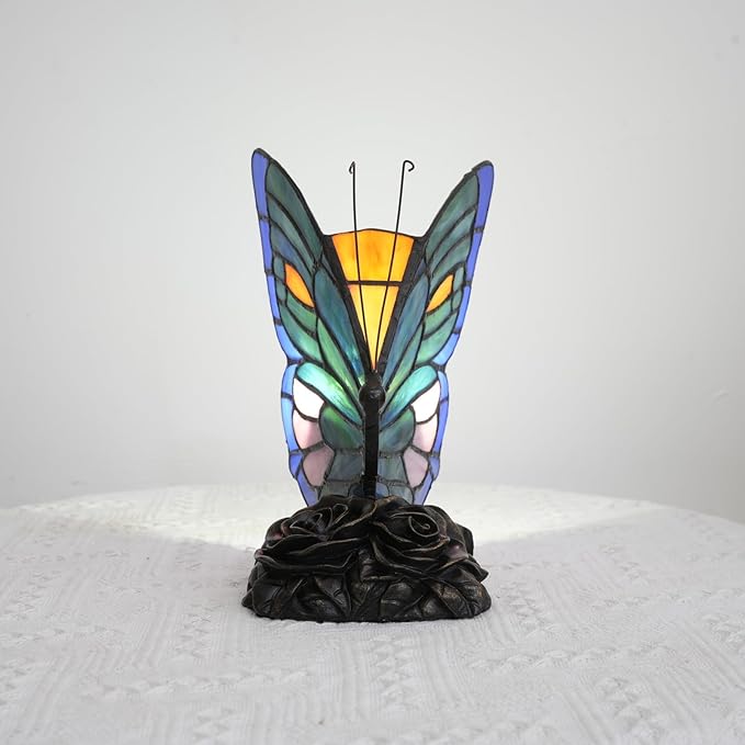 Small Teal and Green Tiffany Style Butterfly Table Lamp for Girls Gift Cute Fun Bedside Desk Lamps Stained Glass Lamp Colorful Vintage Art Unique Bedroom Nightstand Decor Accent Night Light Rose Base - Bloomnest