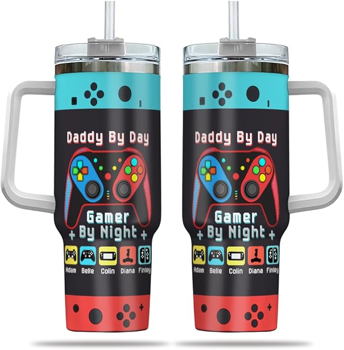 Personalized Gamer Dad Tumbler with Handle and Straw, Custom Controller Design with Kids’ Names, Funny Father’s Day Gift for Gaming Father or Retro Player - Bloomnest