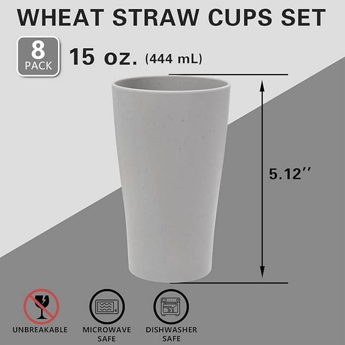 EI Wheat Straw Cups 8pcs Grey Plastic Reusable Cups for Kitchen Unbreakable Plastic Drinking Glasses for Water, Coffee, Juice, Tea - Bloomnest