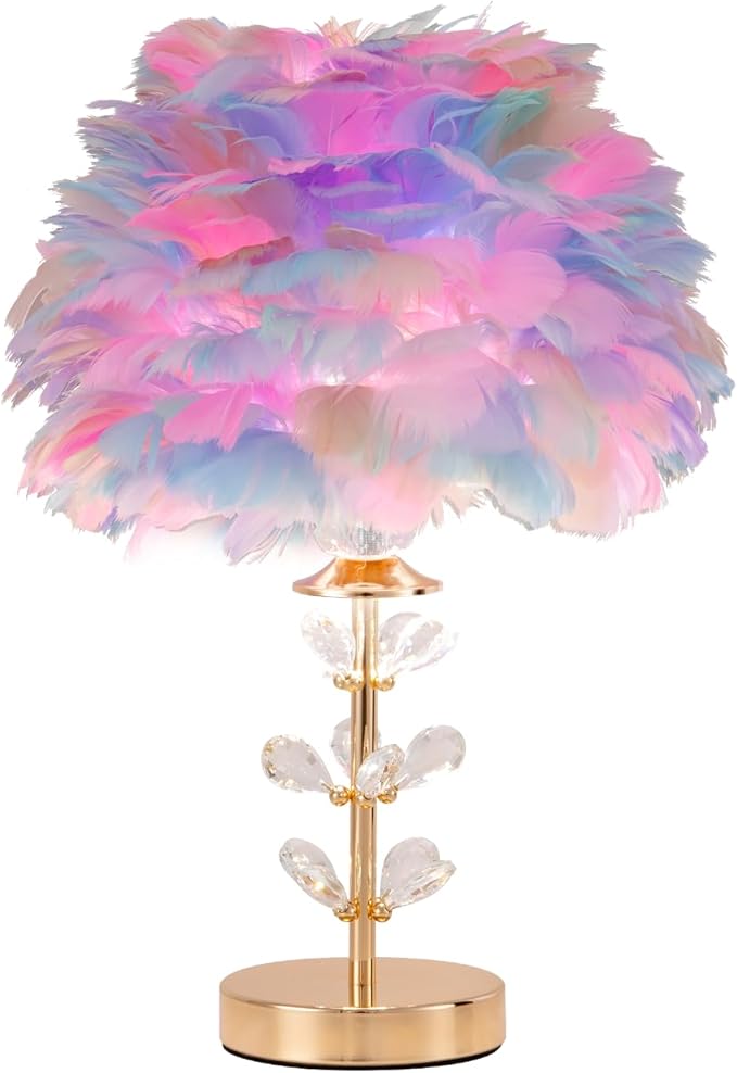 Colorful Feather Lamp Romantic Bedside Nightstand Lamp Creative FfluffyTable Lamp Modern Furry Desk Light for Princess Girls Bedroom Living Room Wedding Christmas Gift Deco Entry Office - Bloomnest