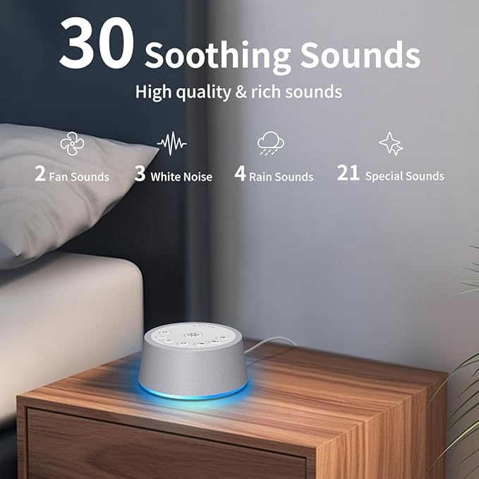 SoundLegend White Noise Sleep Sound Machines 30 Sounds 32-Level Volume 12 Colors Light 5 Timers Adjustable Light Brightness Compact for Everyone Travel Memory Function Gift