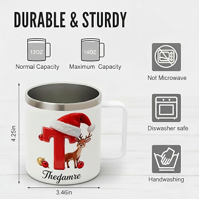 Personalized Christmas Mug | Custom Reindeer Initial Insulated Coffee Cup with Handle & Lid | 12oz Holiday Tumbler, Cute Stocking Stuffer Gift for Kids & Family (B19) - Bloomnest