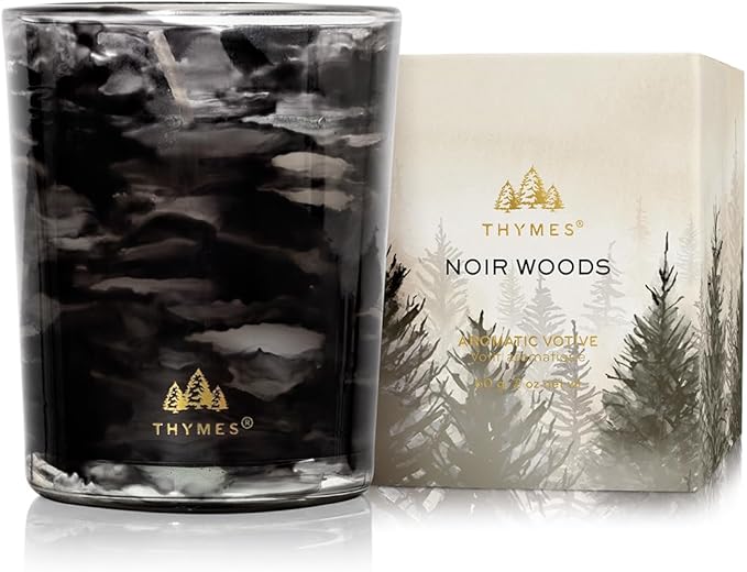 Thymes Noir Woods Scented Candles for Home Decor – Notes of Fresh Evergreen, Smoky Wood & Golden Amber – Luxury Home Fragrance Gifts for Women & Men – Burns Up to 20 Hrs (Votive Candle, 2 oz) - Bloomnest