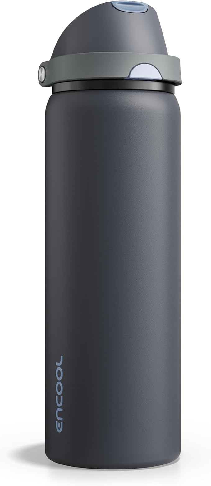 ENCOOL Insulated Water Bottle with Straw Stainless Steel Water Bottle with Push Button Lid, Leak-Proof & BPA-Free, Keeps Cold for 24 Hours for Sports, Travel, Gym (32 oz, Tuna Grey-Silver) ENCOOL