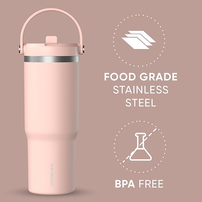 Hydrapeak Nomad 32 oz Tumbler with Handle and Straw Lid, Leakproof, Double Insulated, 32oz Cup Stainless Steel (Peony) - Bloomnest