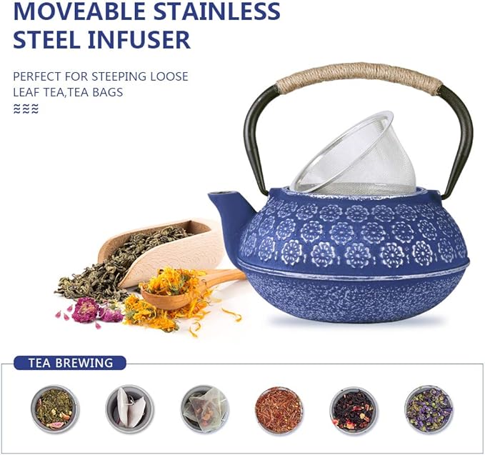 Ufine Blue Floral Cast Iron Teapot Set Japanese Style Tetsubin Tea Kettle with 4 Cups, Stainless Steel Infuser for Stove Top Tea Brewing 28 oz - Bloomnest