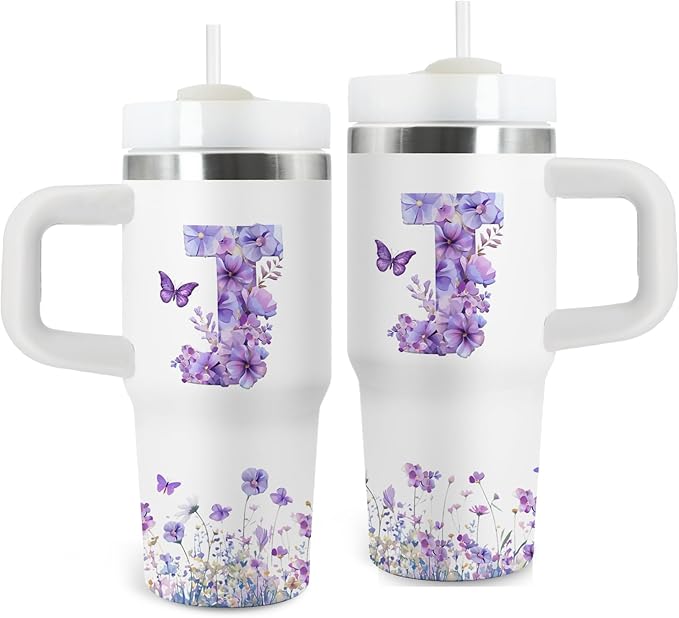 Letter J Tumbler Gifts, 14oz Letter J Themed Tumbler with Handle and Straw, Stainless Steel Double Wall Vacuum Insulated Cup Keep Hot Cold - 14oz Travel Mug with Lid Tumblers for Home Work Outdoor Use - Bloomnest