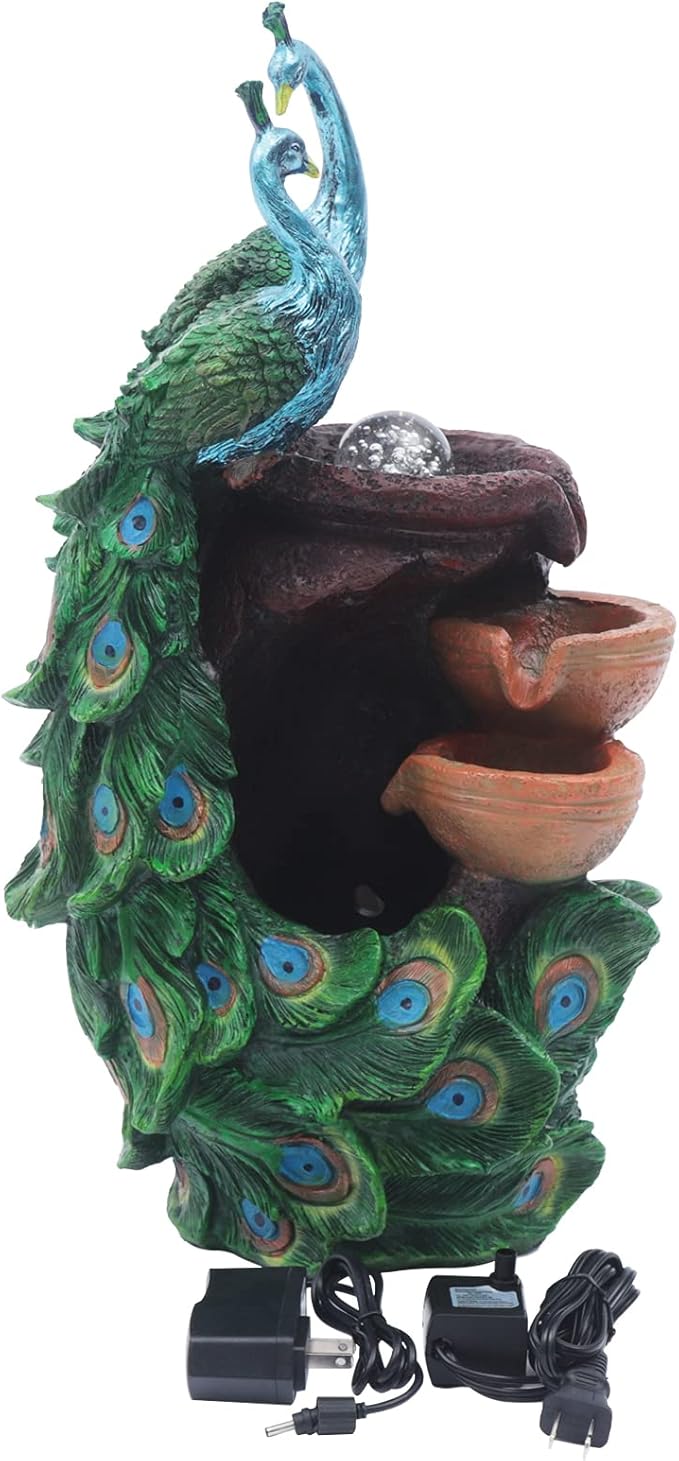 Elegant Indoor Water Fountains with LED Crystal Ball Peacock Shape Resin Feng Shui Ball Fountain Small Desktop Waterfall Fountain for Home Living Room Bedroom Office Decor - Bloomnest