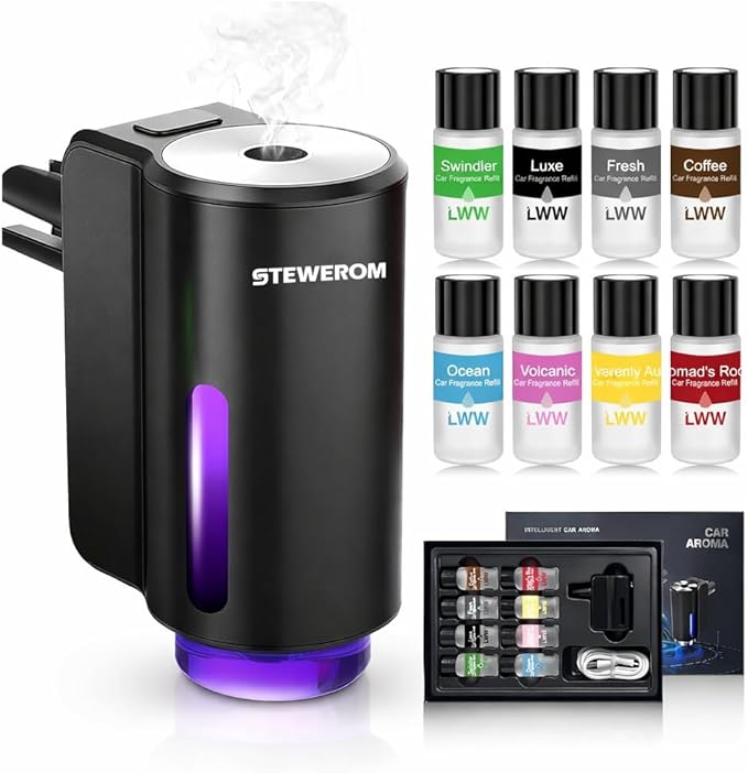 Car Air Freshener - Smart Adjustable 3-Speed Intensity, Rechargeable Humidifier Car Essential Oil Diffuser - Comes with 8 Bottles of 10ml Perfume (Black) - Bloomnest