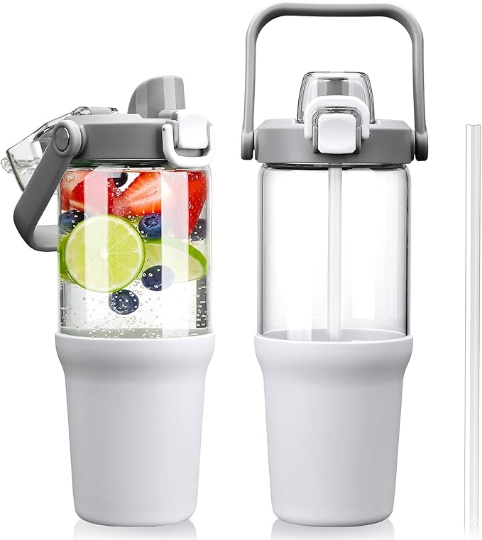 Glass Tumbler with Carry Handle, Clear Glass Water Bottle with Leakproof Lid, Spout Lid&Straw, BPA-Free, 32 oz, White - Bloomnest
