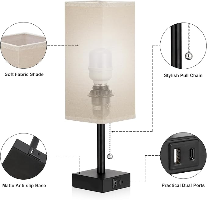 Beige Bedside Table Lamps Set of 2 - Square Bedroom Lamps with 3 Color Temperatures (3000K/5000K/4000K), Nightstand Lamps with USB C + A Charging Ports, Pull Chain Small Night Light for End Table - Bloomnest