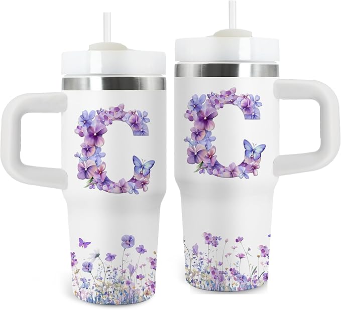 Letter C Tumbler Gifts, 14oz Letter C Themed Tumbler with Handle and Straw, Stainless Steel Double Wall Vacuum Insulated Cup Keep Hot Cold - 14oz Travel Mug with Lid Tumblers for Home Work Outdoor Use - Bloomnest
