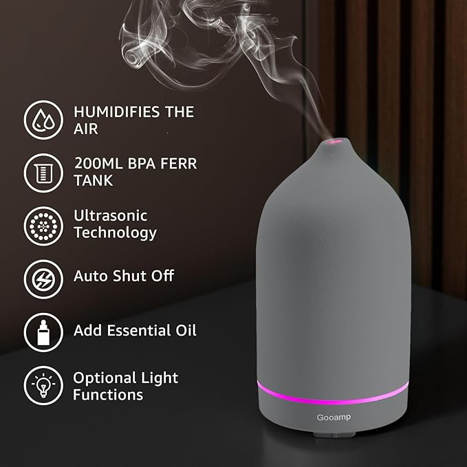 200ML Ceramic Essential Oil Diffuser - Ultrasonic Aromatherapy & Humidifier with 7-Color LED Lights, Auto Shut-Off, Grey, 1H/3H/6H Timer | Scent for Home,Office,Yoga - Bloomnest
