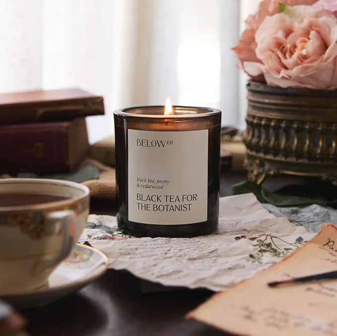 Below 60 Scented Candle – Black Tea for The Botanist – Essential Oil-Based Fragrance – Hand-Made with Paraffin-Free Soy Wax – 50 hr Burn Time - by Hilary Duff - Black Tea, Peony, Cedarwood (10oz) - Bloomnest