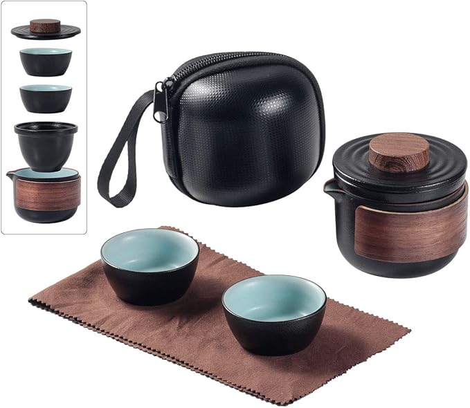 Mini Travel Ceramic Tea Pot Set Chinese Kung Fu Teapot, 1 Pot 2 Cups Porcelain Teacups with Tea Infuser Portable Bag for Outdoor Picnic (Black)
