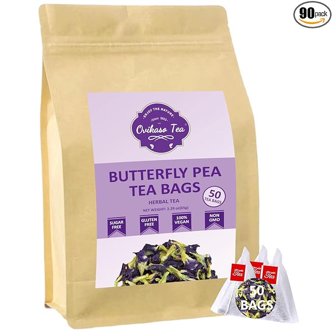 Ovikaso Tea, Butterfly Pea Flower Tea Bags, 50 Pyramid Tea Bags, 1.3g/bag, 100% Natural, Non-GMO, No Caffeine, Brew Hot or Iced tea, Baking, Cocktail, Herbal Tea - Bloomnest