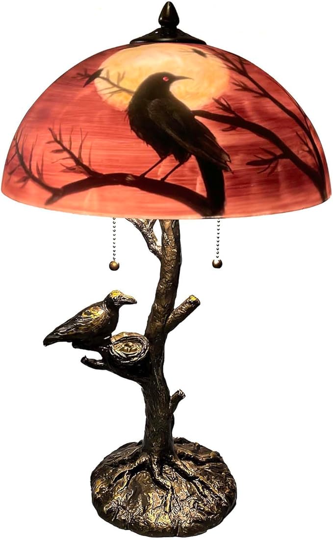 Bieye L10969 Ravens Sitting on Bare Tree Branch Against Full Moon Hand-Painted Glass Table Lamp with Raven Nest Lamp Base for Halloween Home Decor (Black Red, 14" D x 14" W x 22" H)