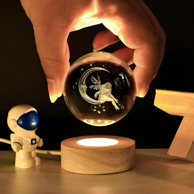 3D Fairy Crystal Ball with LED Stand, Fairies Figurines Lamp Night Light, Fairy Moon Decor Glass Sphere Balls Gifts for Women Girls Mom Kids(60mm) - Bloomnest