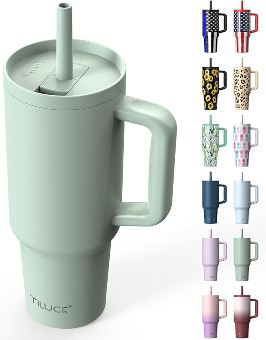 TILUCK 40 oz Tumbler with Handle, Vacuum Insulated Stainless Steel Travel Mug with 100% Leak-Proof Silicone Straw Lid, Cupholder Friendly Water Bottle(MintGreen, 40oz)