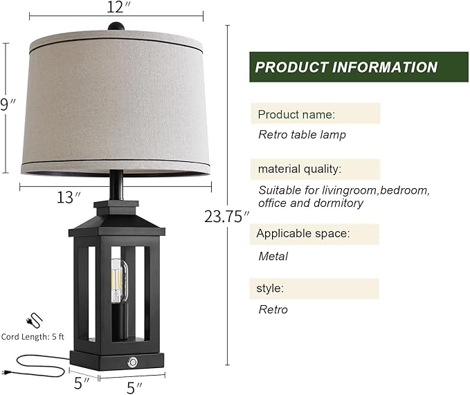23.75" Retro Farmhouse Black Table Lamp for Living Room Bedroom Nightstand Set of 2 Touch Control Bedside Nightlight Vintage Modern Lamp with USB C+A Ports and 2 Light Sources - Bloomnest