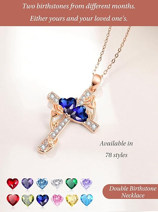 Rose Gold Dual Birthstones Cross Necklace for Women Rose Flower Jewelry Anniversary Christmas Mother's Valentine's Day Birthday Gift for Wife Girlfriend Mom - Bloomnest