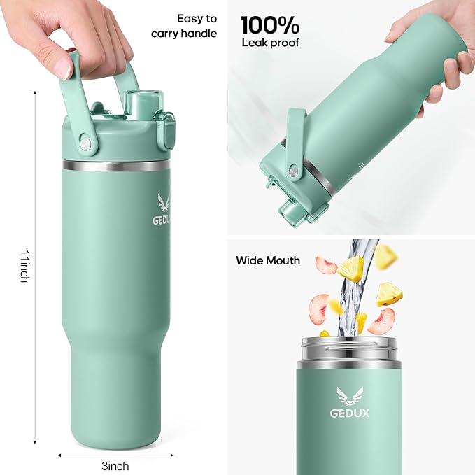 32 oz Stainless Steel Tumbler with Handle and Straw, Vacuum Insulated Water Bottle with 2-in-1 Lid (Chug/Straw) and Silicone Boot，Keeps Drinks Hot and Cold - Bloomnest
