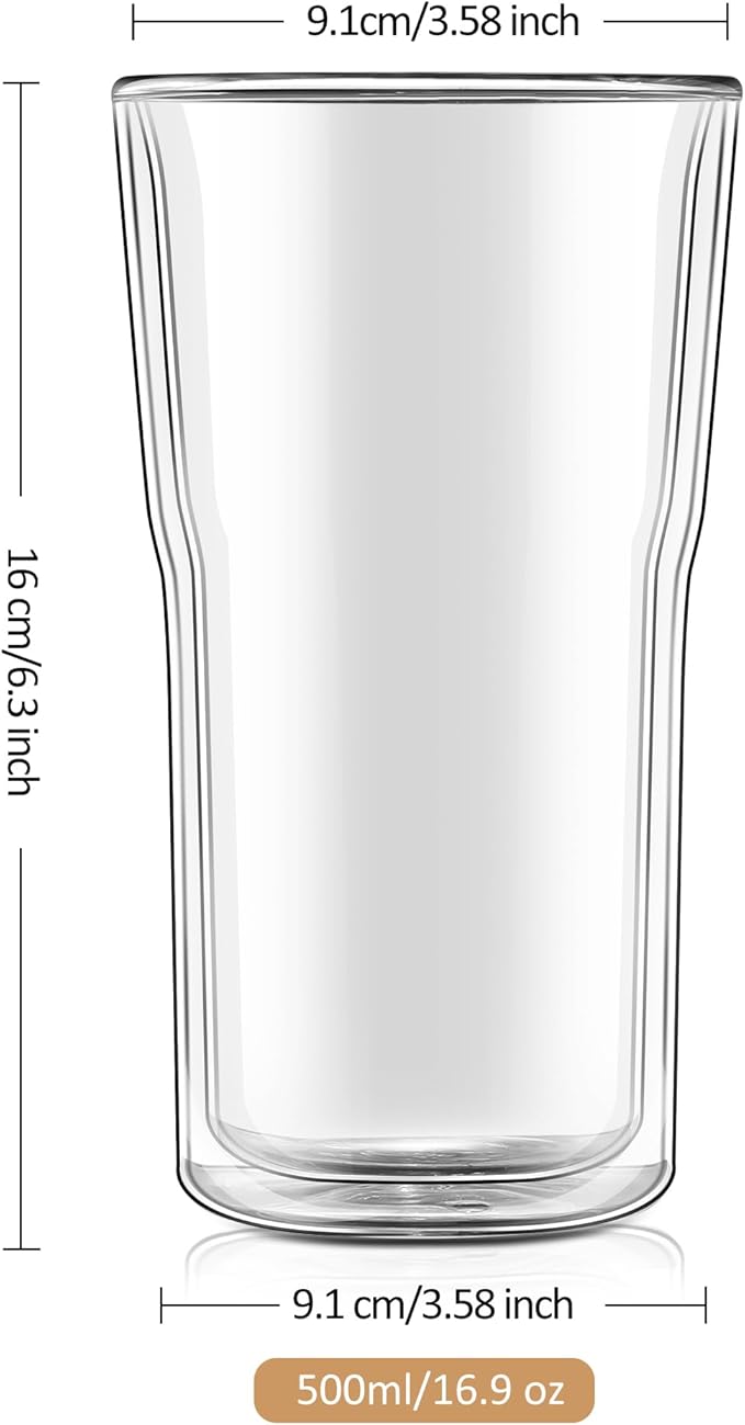 Joeyan Glass Double Walled Beer Drinking Glasses Tumbler 16 oz, Double Layer Tall Borosilicate Insulated Water Cocktail Glass Cups, Double Lined Thermo Tea Coffee Hot Beverage Glassware, Set of 2 - Bloomnest