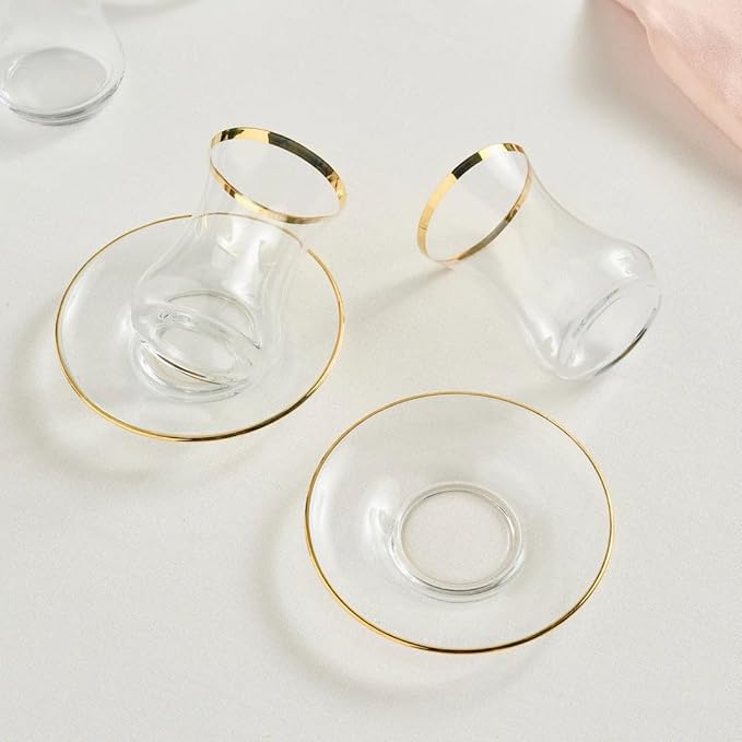 KARACA Sydney Glass Turkish Tea Set for 6 People, Gold, 12 Pieces Tea Service, 6 Turkish Tea Glasses with Saucers, Glass, 5.4 fl oz Tea Plates/Saucers - Bloomnest
