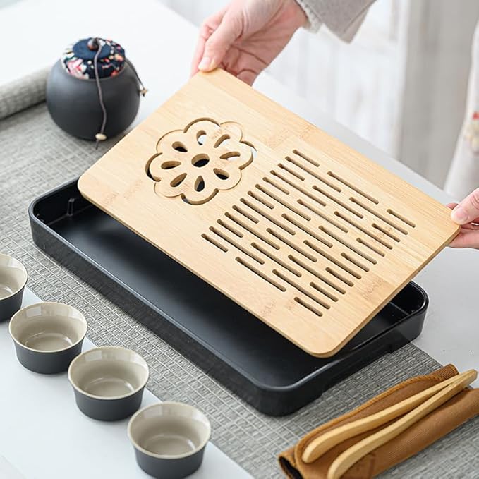 LURRIER Gongfu tea sets, Portable Ceramic TeaSet, Asian Tea sets for adult, Tea Gift sets, Grey leather case, Portable Travel Bag,Home,Gifting,Outdoor and Office(Black) - Bloomnest